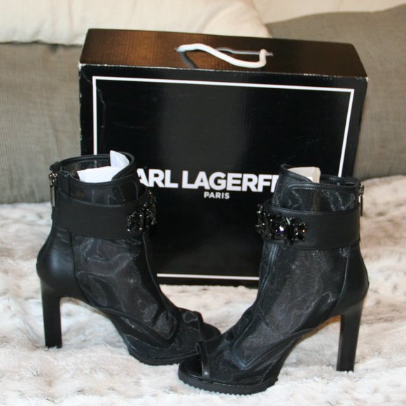 KARL LAGERFELD PARIS Blayze Embellished Ornament Strap Detail Peep Toe Shooties - Picture 3 of 6